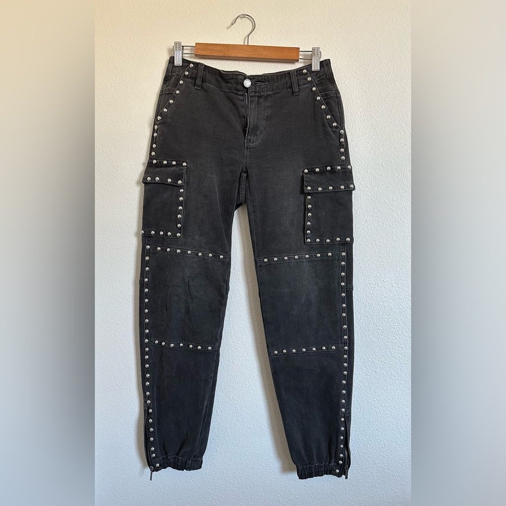 Michael Kors Gray Studded Jean Denim Cargo Joggers Pants Low Rise Zipper Size 2